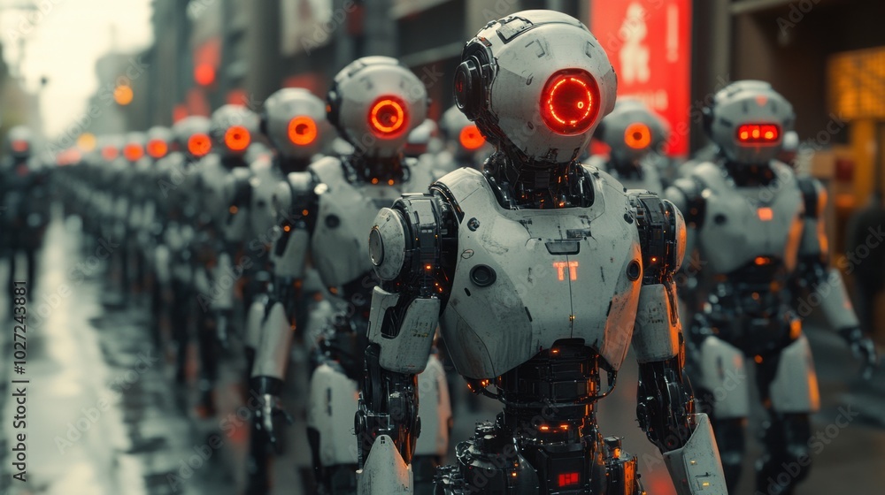 Row of futuristic humanoid robots in industrial warehouse, artificial intelligence, advanced robotics, manufacturing technology, sci-fi, cybernetic machines, robotic assembly line, high-tech industry Row of futuristic humanoid robots in industrial warehouse, artificial intelligence, advanced robotics, manufacturing technology, sci-fi, cybernetic machines, robotic assembly line, high-tech industry
