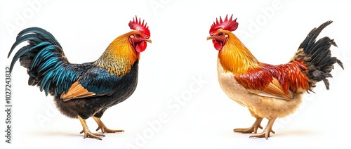 Two colorful roosters facing each other on a white background.