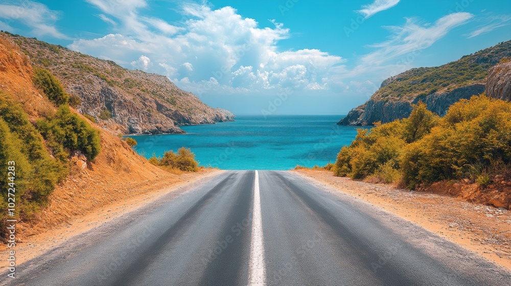 Long road stretching along the coast with sea views, bright blue skies, sunny landscape, endless journey, road trip destination, beach and mountains in distance Long road stretching along the coast with sea views, bright blue skies, sunny landscape, endless journey, road trip destination, beach and mountains in distance