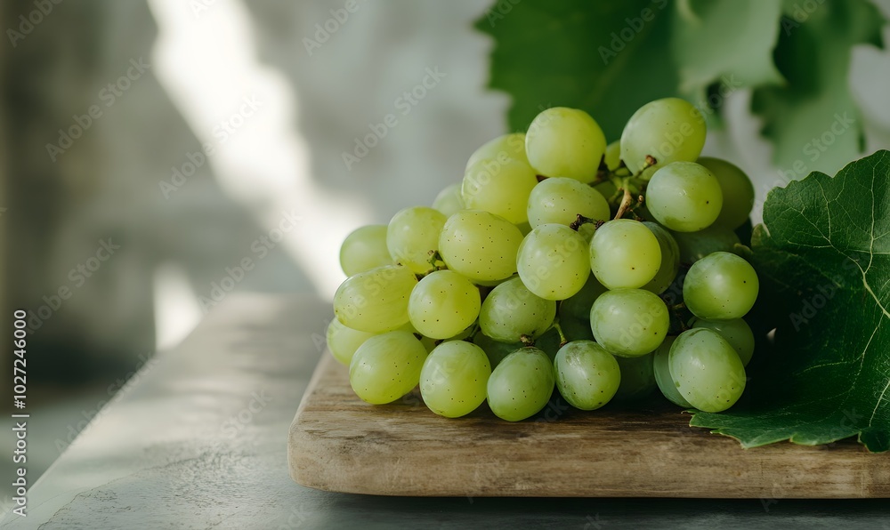 green grapes with leavs on a table, Generative AI green grapes with leavs on a table, Generative AI