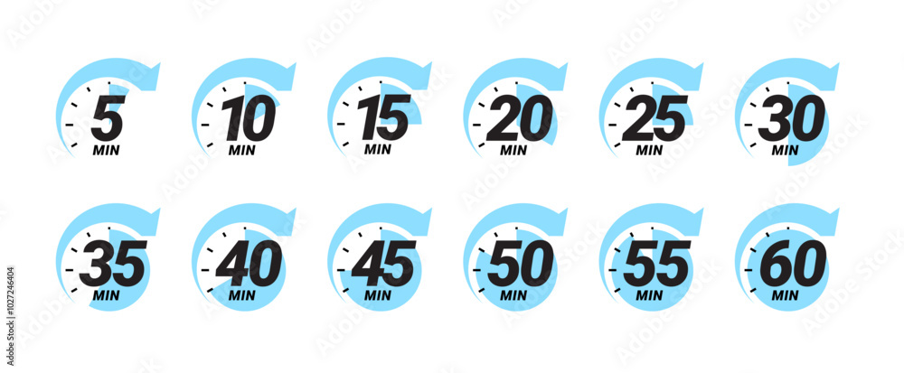 Minute timer icons set. Color signs chronometer, time counter. Countdown timer showing minutes. Deadline or recommended, measurement for cooking. Vector illustration Minute timer icons set. Color signs chronometer, time counter. Countdown timer showing minutes. Deadline or recommended, measurement for cooking. Vector illustration