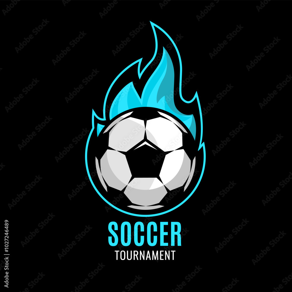 Obraz premium Soccer ball or football ball on fire background. Team or tournament colorful symbol or emblem on black background. Design in a graphic art style, Vector illustration