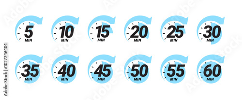 Minute timer icons set. Color signs chronometer, time counter. Countdown timer showing minutes. Deadline or recommended, measurement for cooking. Vector illustration