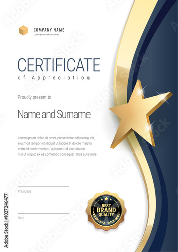 Award certificate with a star design in blue and gold colors. Horizontal template Diploma of modern design or gift certificate. Vector illustration.