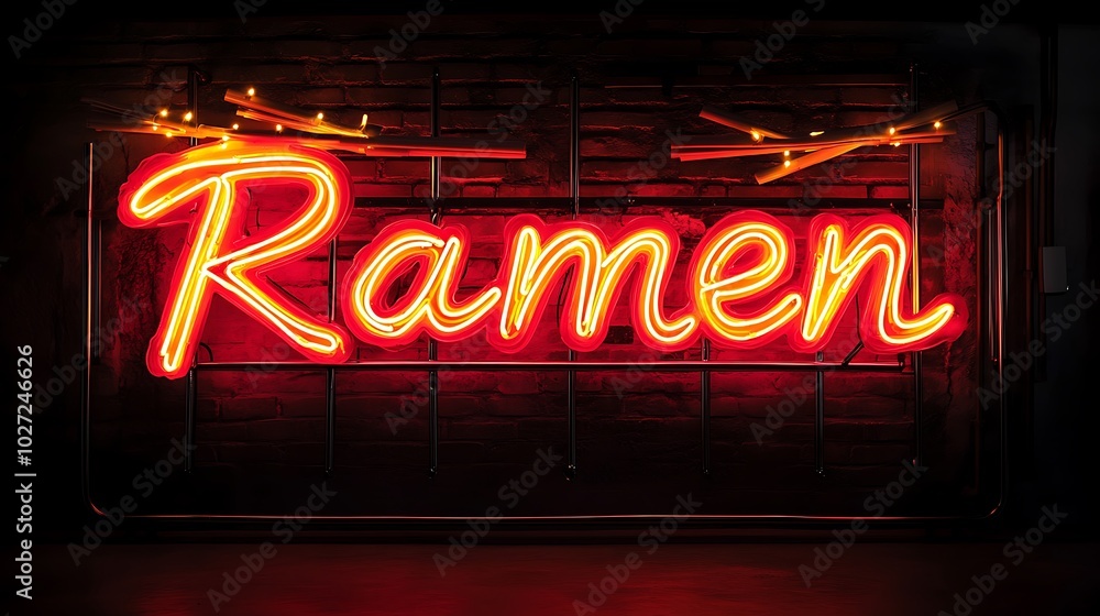 Fototapeta premium Bright Neon Ramen Sign Glowing in Red and Yellow