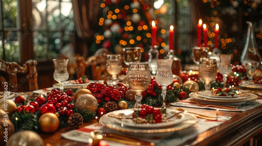 A table is set for a Christmas dinner with a large tree in the background A table is set for a Christmas dinner with a large tree in the background