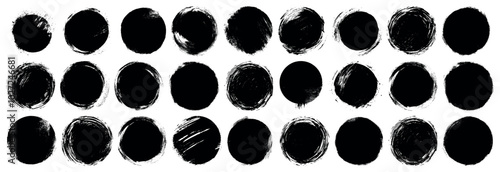 Set of black round sale badges, banners brush painted circle on transparent background. Round brush strokes. Painted rounds collection. Grunge text boxes or textured backgrounds set. Circle ink brush