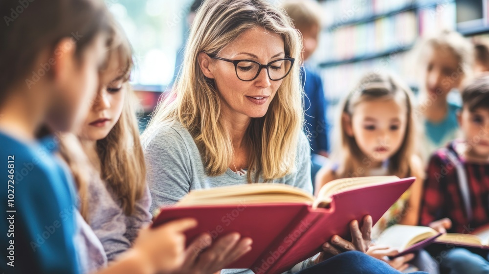 Teacher Reading to a Group of Children in a Library Teacher Reading to a Group of Children in a Library