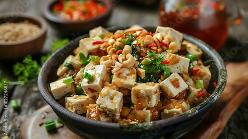 healthy food called kupat tahu is made from tofu rice cake peanut sauce and vegetables mixed into one good for vegan