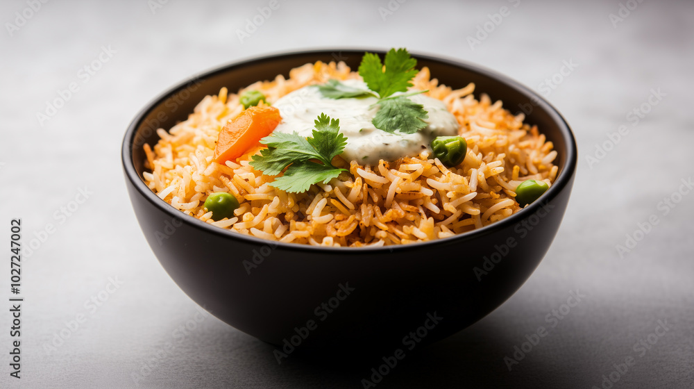 Delicious rice dish topped with yogurt sauce, green peas, and fresh herbs, served in black bowl. Delicious rice dish topped with yogurt sauce, green peas, and fresh herbs, served in black bowl.