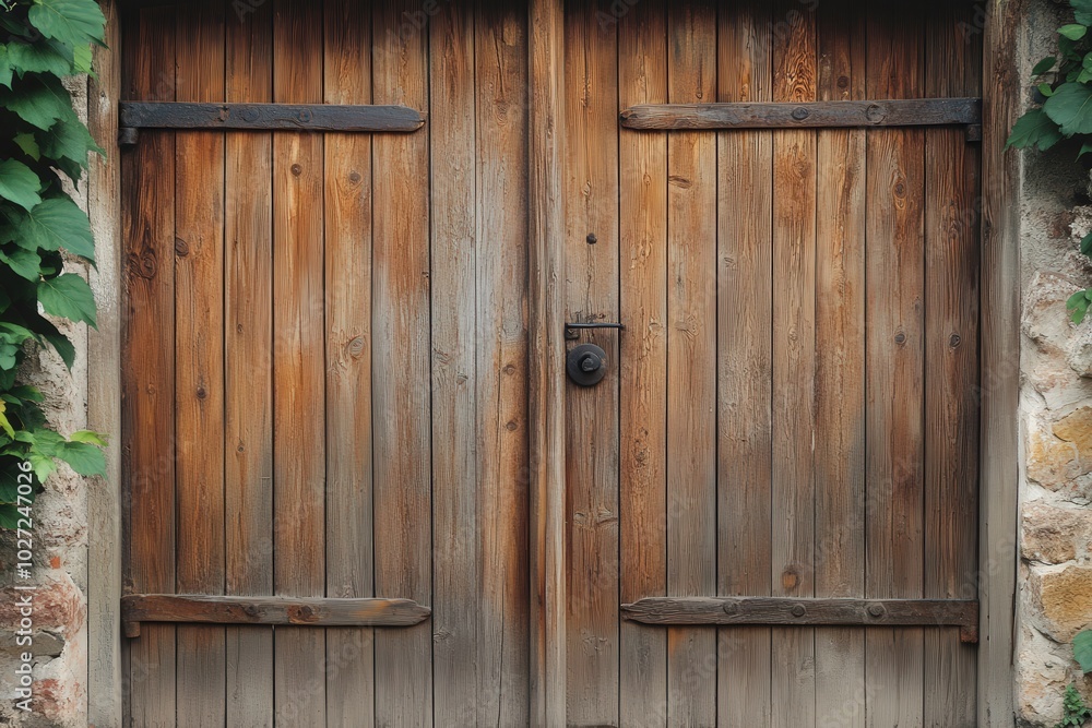 The wooden doors are old and have a rustic appearance, generative ai image