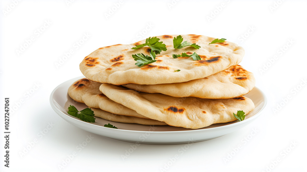 Freshly baked naan bread garnished with cilantro, served on white plate. This delicious flatbread is perfect for pairing with various dishes, enhancing your meal experience. Freshly baked naan bread garnished with cilantro, served on white plate. This delicious flatbread is perfect for pairing with various dishes, enhancing your meal experience.