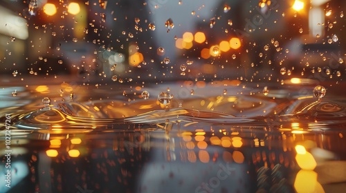 Raindrops city lights. Water droplets falling on a puddle  reflecting city lights. Creates a feeling of calm and peacefulness.