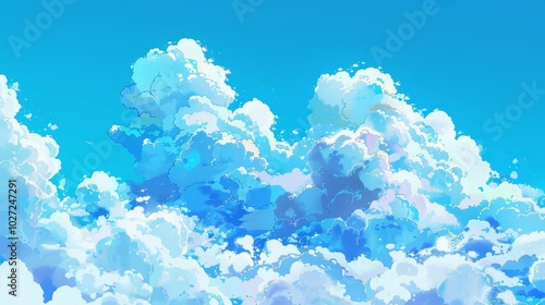 Blue sky cloudscape. Fluffy white clouds drift across a vibrant blue sky, representing peace, serenity, and the beauty of nature.