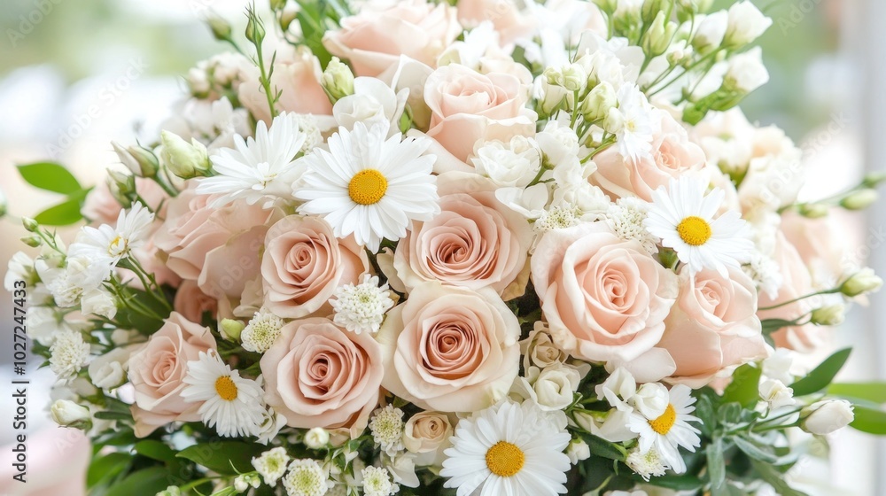 Close-up of a Bouquet of White and Peach Roses, Daisies, and Buds Close-up of a Bouquet of White and Peach Roses, Daisies, and Buds