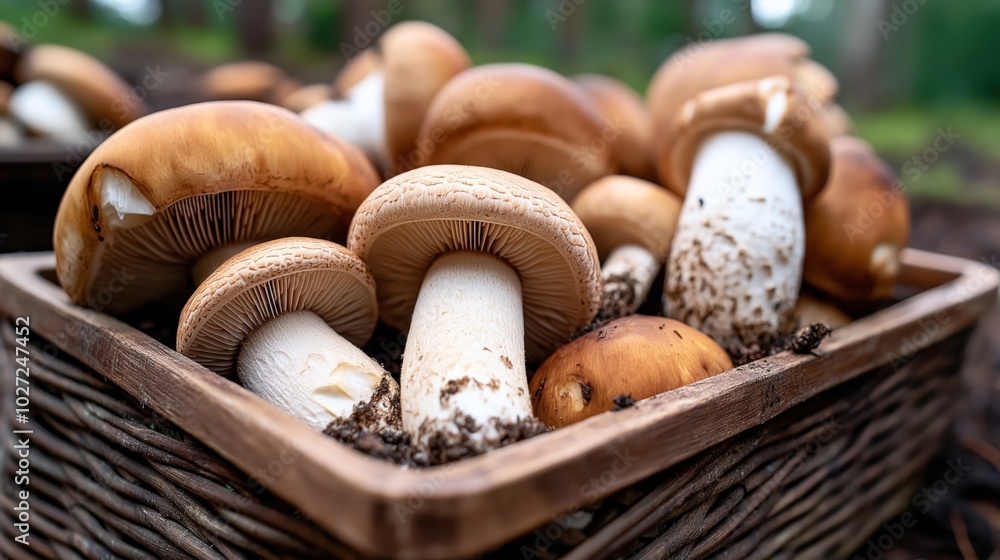 Close-up of fresh wild mushrooms in a woven basket, showcasing a natural and organic harvest Close-up of fresh wild mushrooms in a woven basket, showcasing a natural and organic harvest