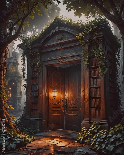 Old wooden door in a dark foggy cemetery. Halloween concept.
