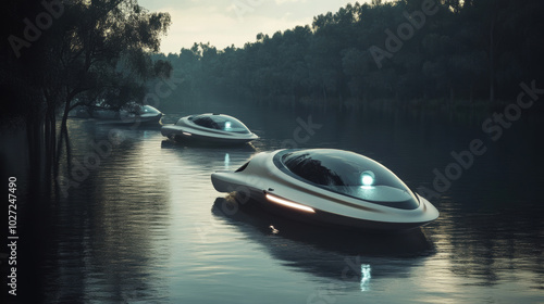 Three boats are floating on a lake at night