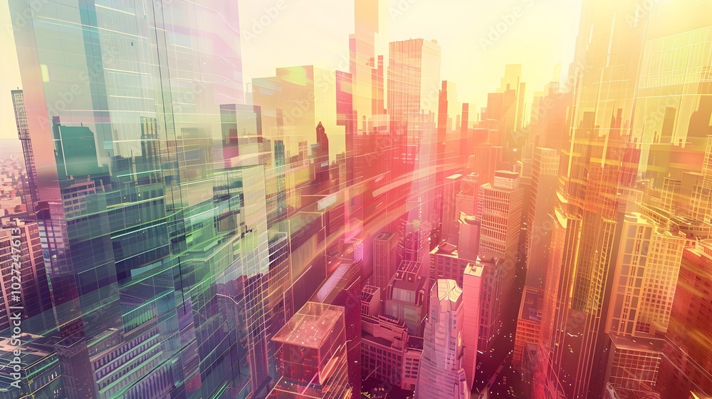 Fototapeta premium Digitally Sculpted Cityscape with Flowing Patterns and Colors Symbolizing Art Infused Urban Design