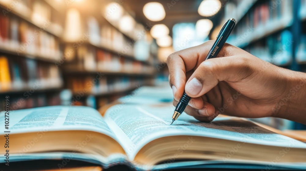 Close-up of a Hand Holding a Pen Over an Open Book in a Library Close-up of a Hand Holding a Pen Over an Open Book in a Library