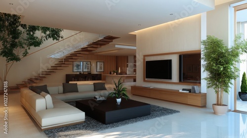 Interior of stylish living room with marble and white walls, wooden floor, comfortable gray couch, marble coffee table and flat screen TV. 3d rendering