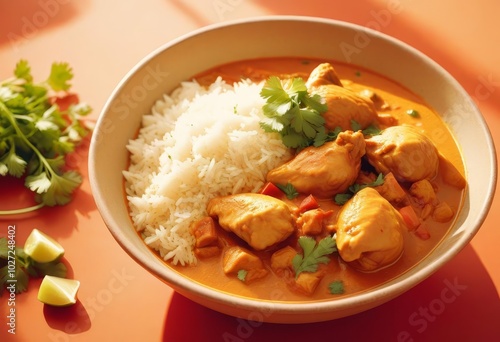 A bowl of white rice with chunks of mutton in a rich gravy, garnished with herbs and spices.