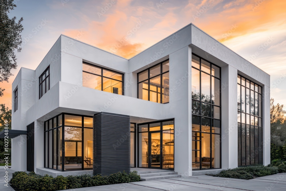 Elegant white concrete house with large windows, black wood slats, and gray metal accents, highlighted by sunset Architectural beauty Elegant white concrete house with large windows, black wood slats, and gray metal accents, highlighted by sunset Architectural beauty