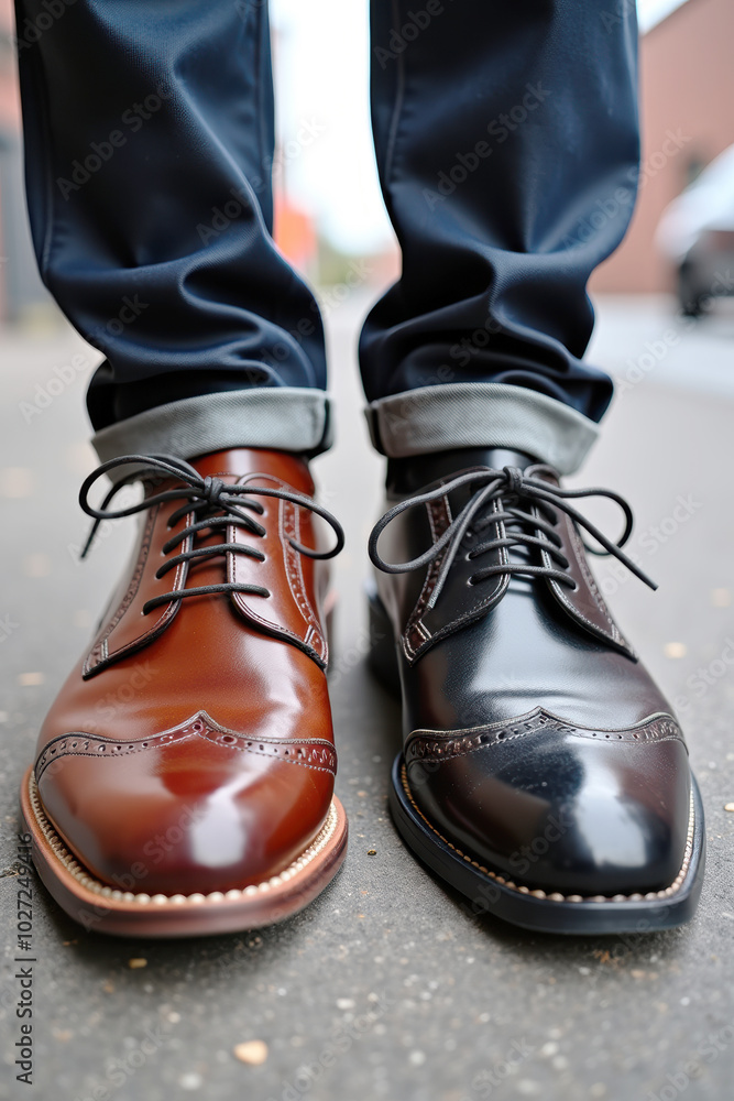 Brown and Black Leather Men's Shoes on Concrete with Blurred Urban Backdrop Brown and Black Leather Men's Shoes on Concrete with Blurred Urban Backdrop