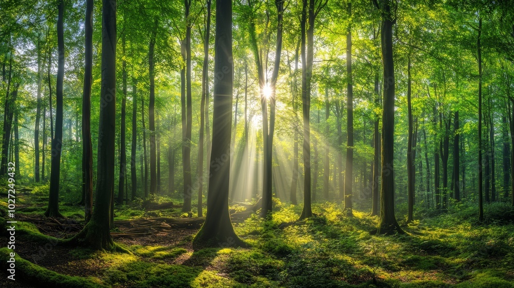 Fototapeta premium A lush forest landscape with sunlight filtering through the trees, symbolizing the beauty of untouched nature