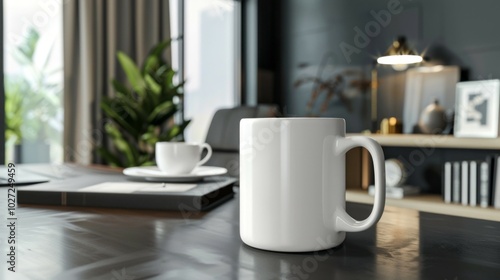 White mug on desk. A white coffee mug sits on a sleek desk in a modern office, ready for a warm drink. The image symbolizes productivity and focus.