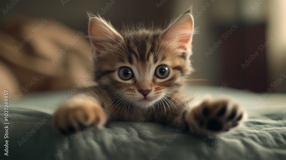 A playful kitten stretching its paws towards the camera, in a cozy indoor setting with soft natural light A playful kitten stretching its paws towards the camera, in a cozy indoor setting with soft natural light