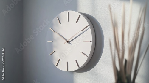 Wallpaper Mural White Wall Clock with Wooden Hands and a Blurry Plant in the Foreground Torontodigital.ca