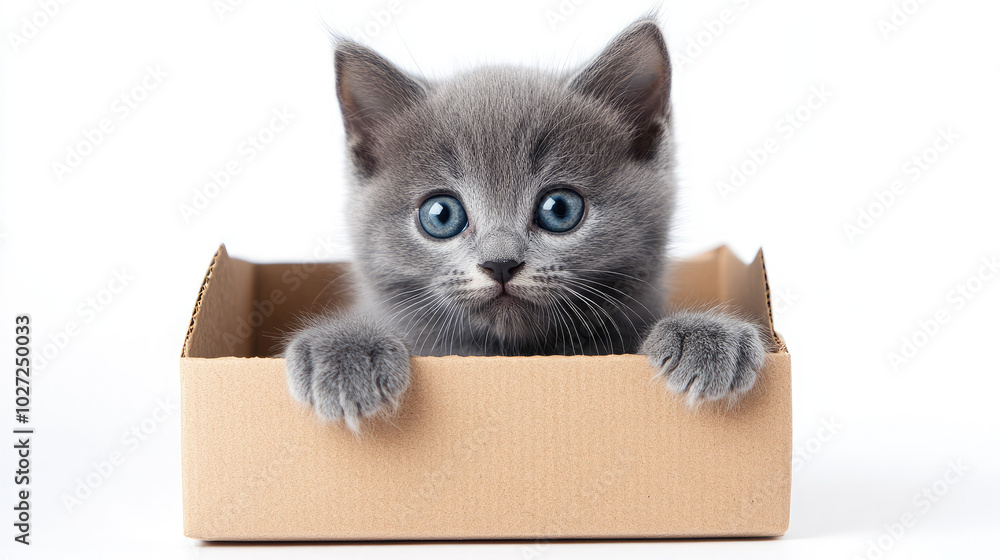 Russian Blue kitten cat peeking out and looking forward from inside box isolated on white background Russian Blue kitten cat peeking out and looking forward from inside box isolated on white background