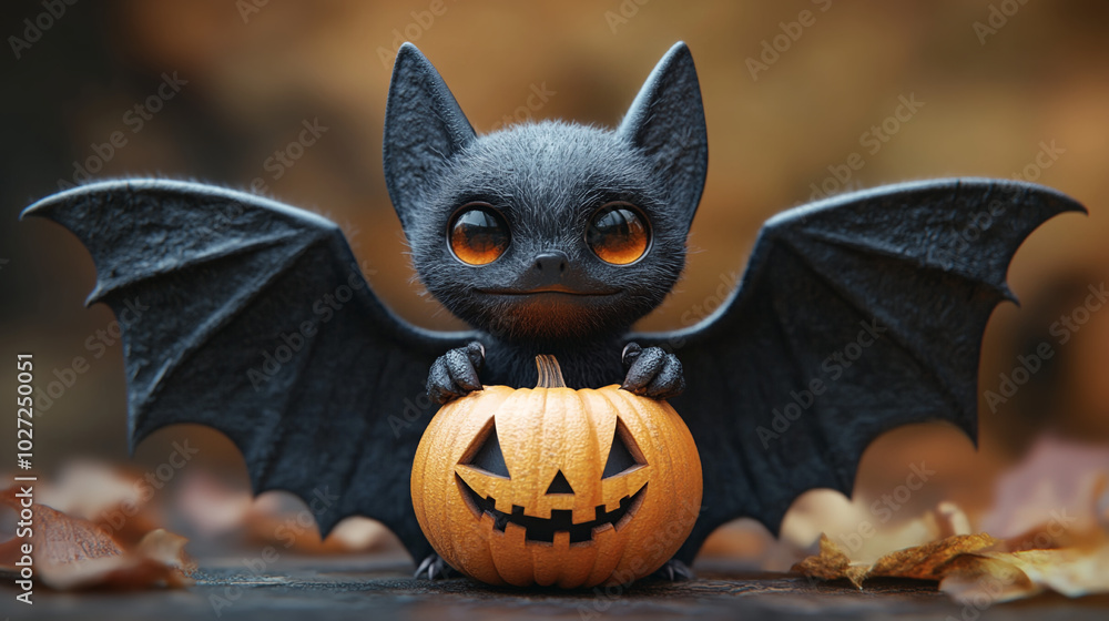 Naklejka premium A running mouse with a Halloween pumpkin close-up