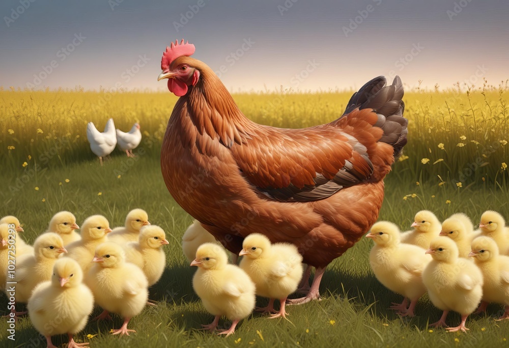 Fototapeta premium A Han with little chicks in the garden