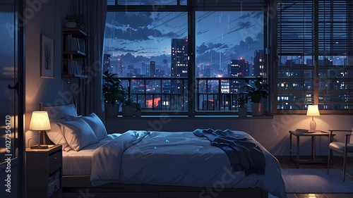 relaxing lofi with bedroom rain on the window created with generative ai