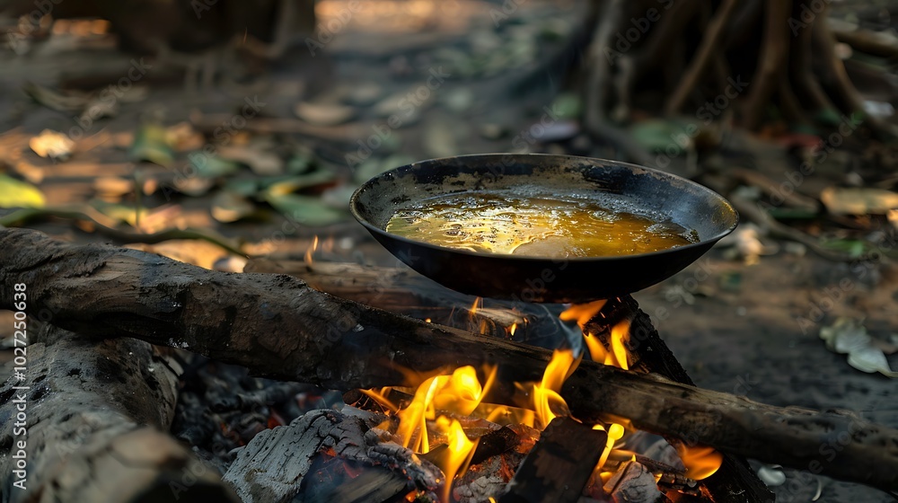 kadhai with oil placed on chulha for cooking outdoor by burning wood kadhai with oil placed on chulha for cooking outdoor by burning wood