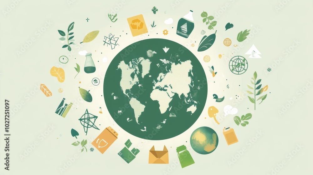 An illustration of a globe surrounded by recycling symbols and green energy icons, symbolizing environmental responsibility An illustration of a globe surrounded by recycling symbols and green energy icons, symbolizing environmental responsibility