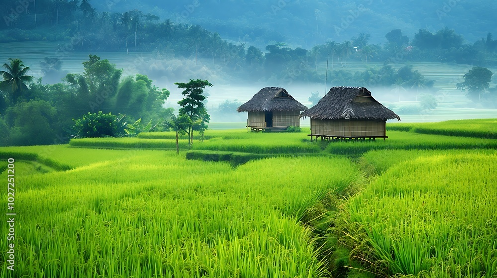 Landscape of tropical beautiful greeny rice field with two huts in summer day from elevated view Landscape of tropical beautiful greeny rice field with two huts in summer day from elevated view