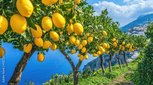 Vibrant Lemon Orchard Overlooking Mediterranean Sea