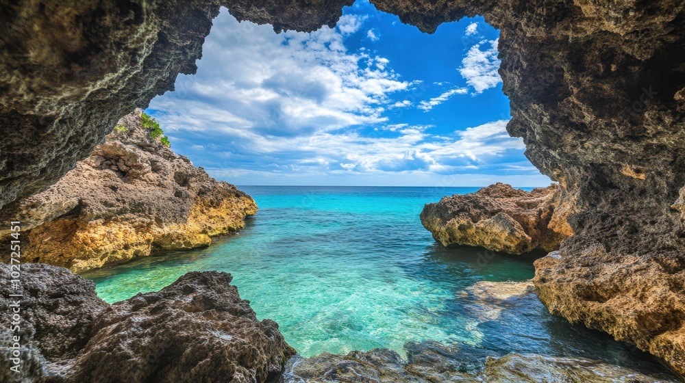 Fototapeta premium Serene Seascape View from Rocky Cave