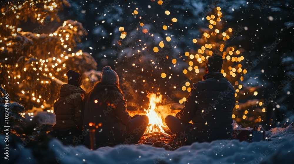 A peaceful moment as the family watches the fire, with the snow-covered forest creating a magical Christmas atmosphere. A peaceful moment as the family watches the fire, with the snow-covered forest creating a magical Christmas atmosphere.