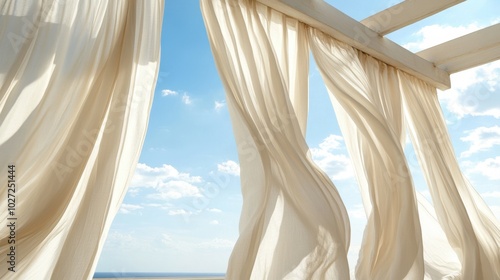 Serene Sea View through Elegant White Canopy Curtains