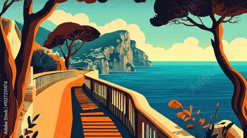 Idyllic Coastal Pathway Overlooking Serene Sea and Cliffs
