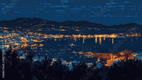 Enchanting Coastal Town at Night with Illuminated Harbor and Boats