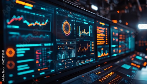 Multiple computer screens display data analysis and graphs in a dark control room.