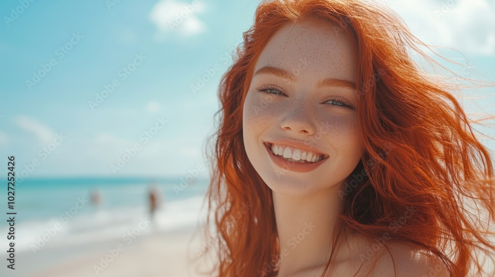 Joyful Redhead Woman Smiling on Sunny Beach Day Joyful Redhead Woman Smiling on Sunny Beach Day