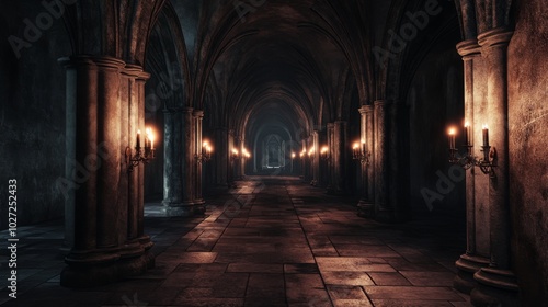 Dark and mysterious hallway with stone pillars and candlelight.