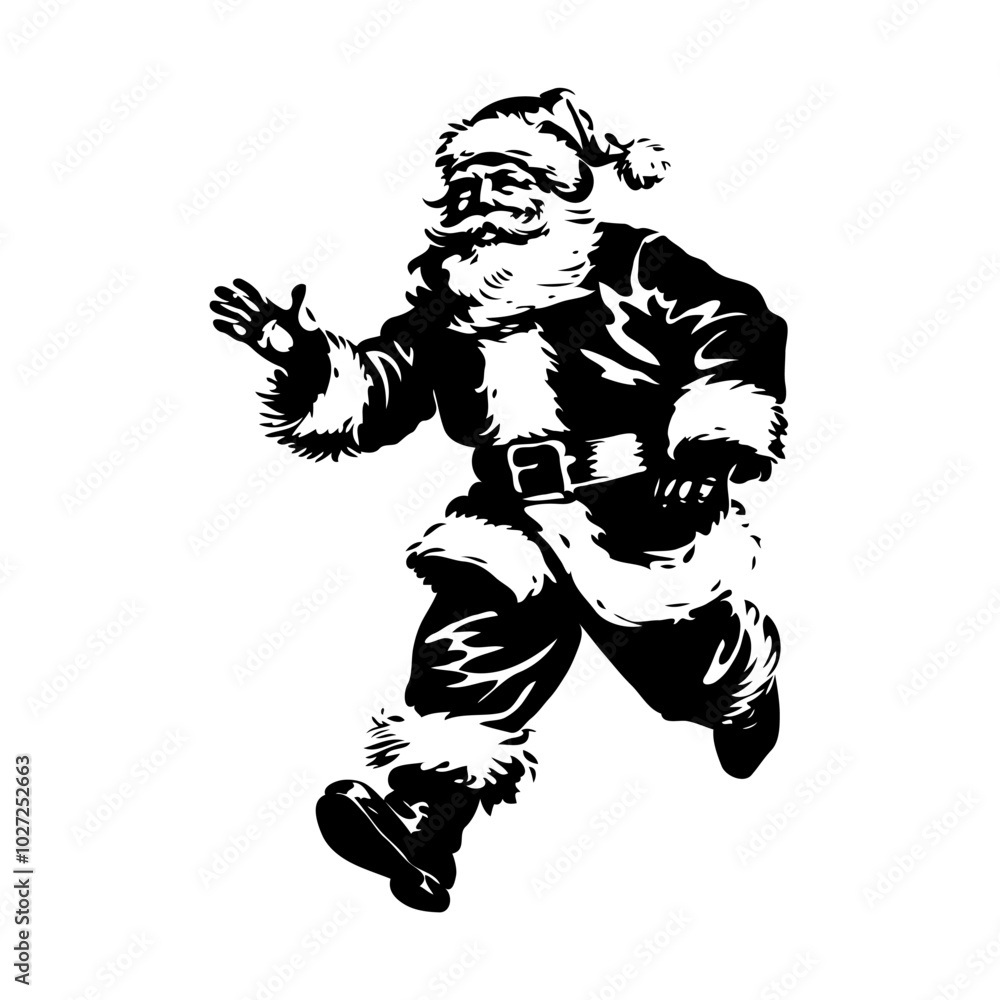 Fototapeta premium Silhouette of a cheerful Santa Claus running with a raised hand. Black and white graphic style on a white background. Concept of holiday cheer
