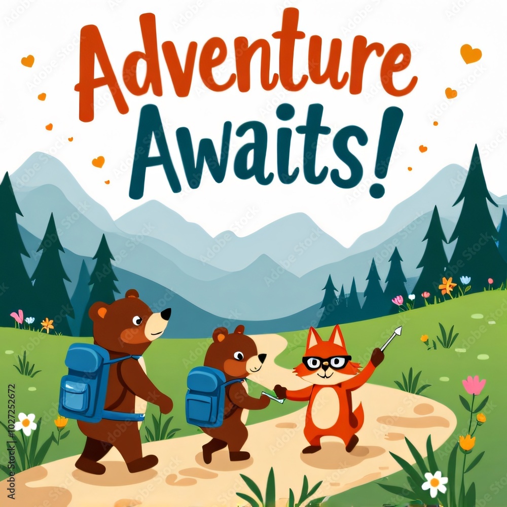 Fototapeta premium Adventure Awaits! Hiking Friends Cartoon Illustration